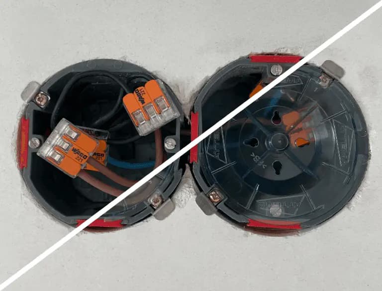 Afbeelding 2: inbouwdozen met afgedopte elektradraden, rechts afgedekt met een inbouwdoosdeksel